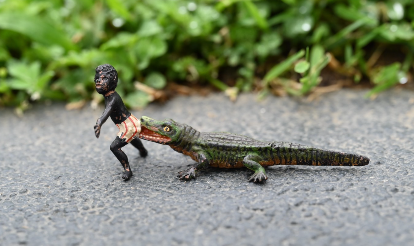 Rare 1900s Austrian Vienna Cold Painted Bronze Figure of Alligator Biting Child1