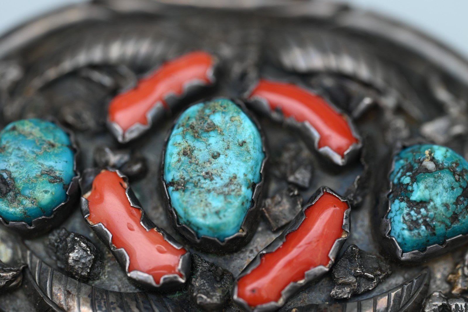 Signed R. Spencer Native American Sterling Silver Belt Buckle Turquoise & Coral3