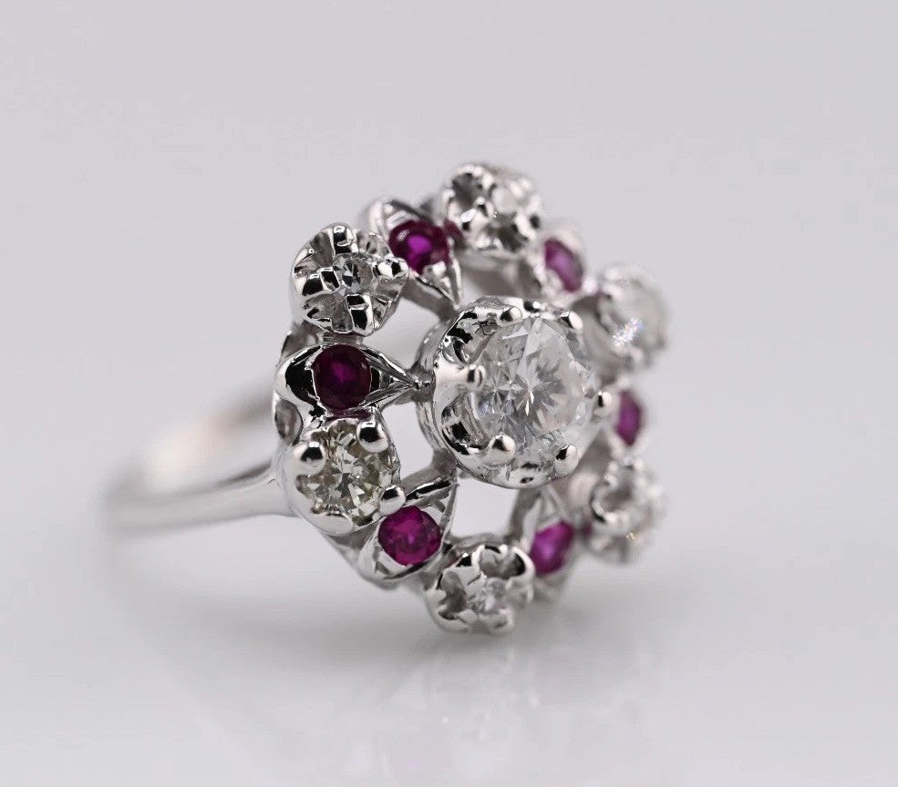 Stunning 14K White Gold .50ct Diamond Ring with Floral Halo of Rubies & Diamonds10
