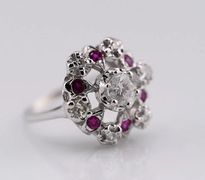 Stunning 14K White Gold .50ct Diamond Ring with Floral Halo of Rubies & Diamonds10