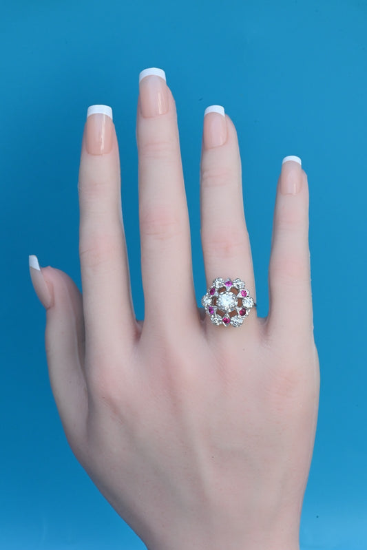 Stunning 14K White Gold .50ct Diamond Ring with Floral Halo of Rubies & Diamonds1