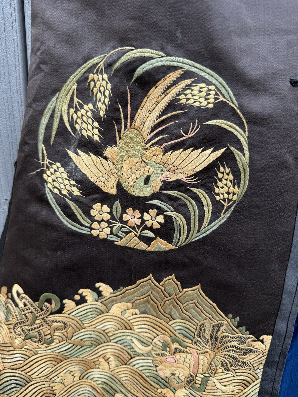 Early Antique Qing Dynasty Chinese Black Silk Embroidery Robe With Crane Birds2