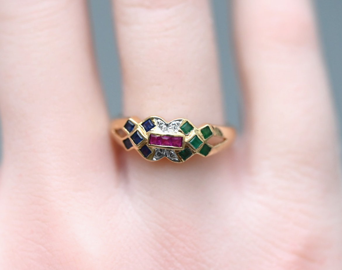 Mosaic Design Multi-gemstone Emeralds, Sapphires, Rubies, & Diamonds 14k YG Ring0