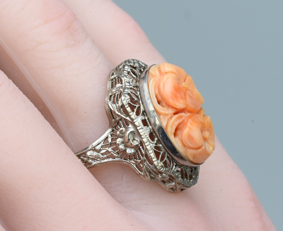 Antique 14K White Filigree Statement Ring With Hand Carved Natural Coral Gem0