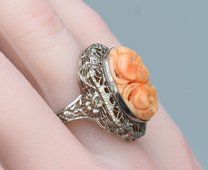 Antique 14K White Filigree Statement Ring With Hand Carved Natural Coral Gem0