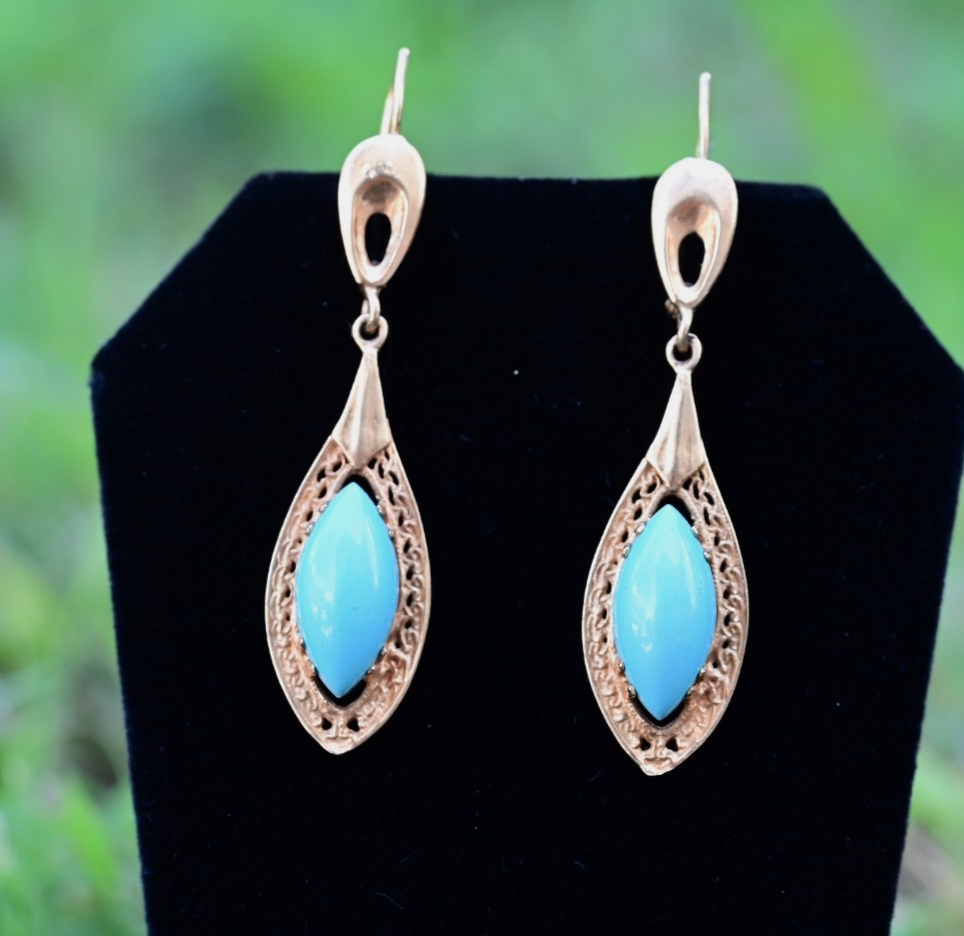 Antique Filigree Yellow Gold Drop Earrings Marquise-cut Blue Turquoise Cabochons2