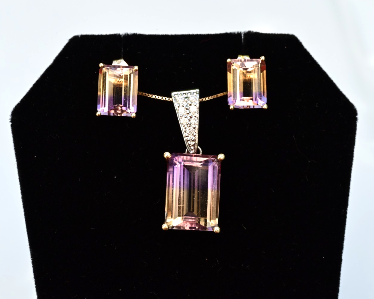 Matching 14K Jewelry Set Striking Emerald-cut Bi-Colored Ametrine & Diamonds0