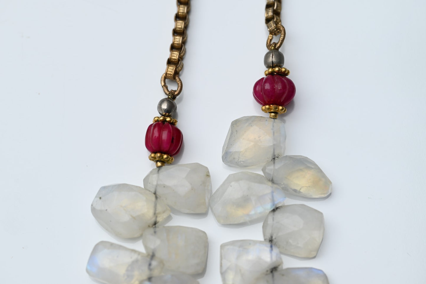 Gold Gilt Sterling Silver Necklace with Moonstone Petals & Red Ruby Gems5