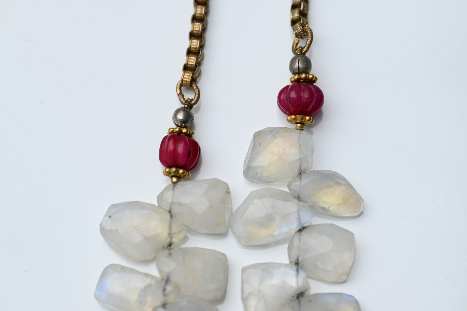 Gold Gilt Sterling Silver Necklace with Moonstone Petals & Red Ruby Gems5