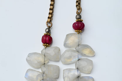 Gold Gilt Sterling Silver Necklace with Moonstone Petals & Red Ruby Gems5
