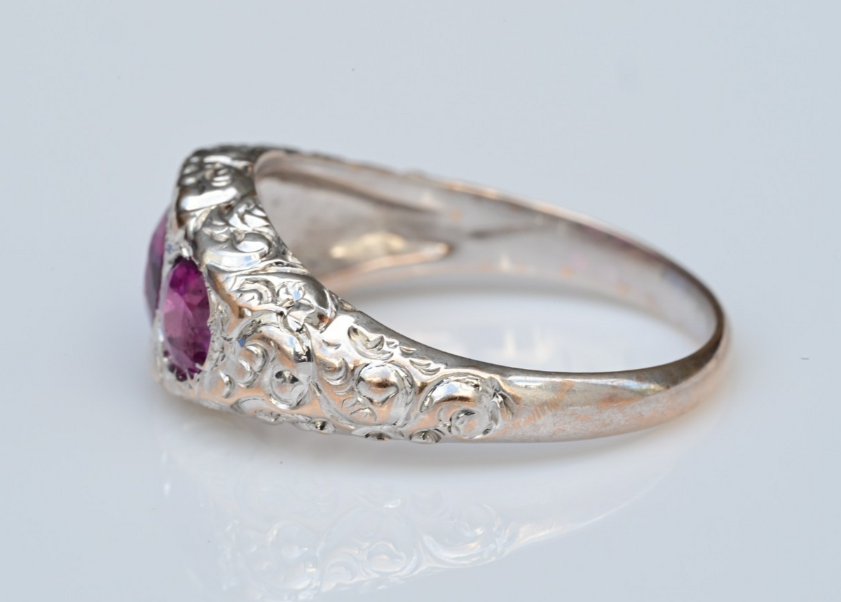 Art Deco Gypsy Ring in 10K White Gold Purplish Pink Rhodolite Garnets IGI Cert3
