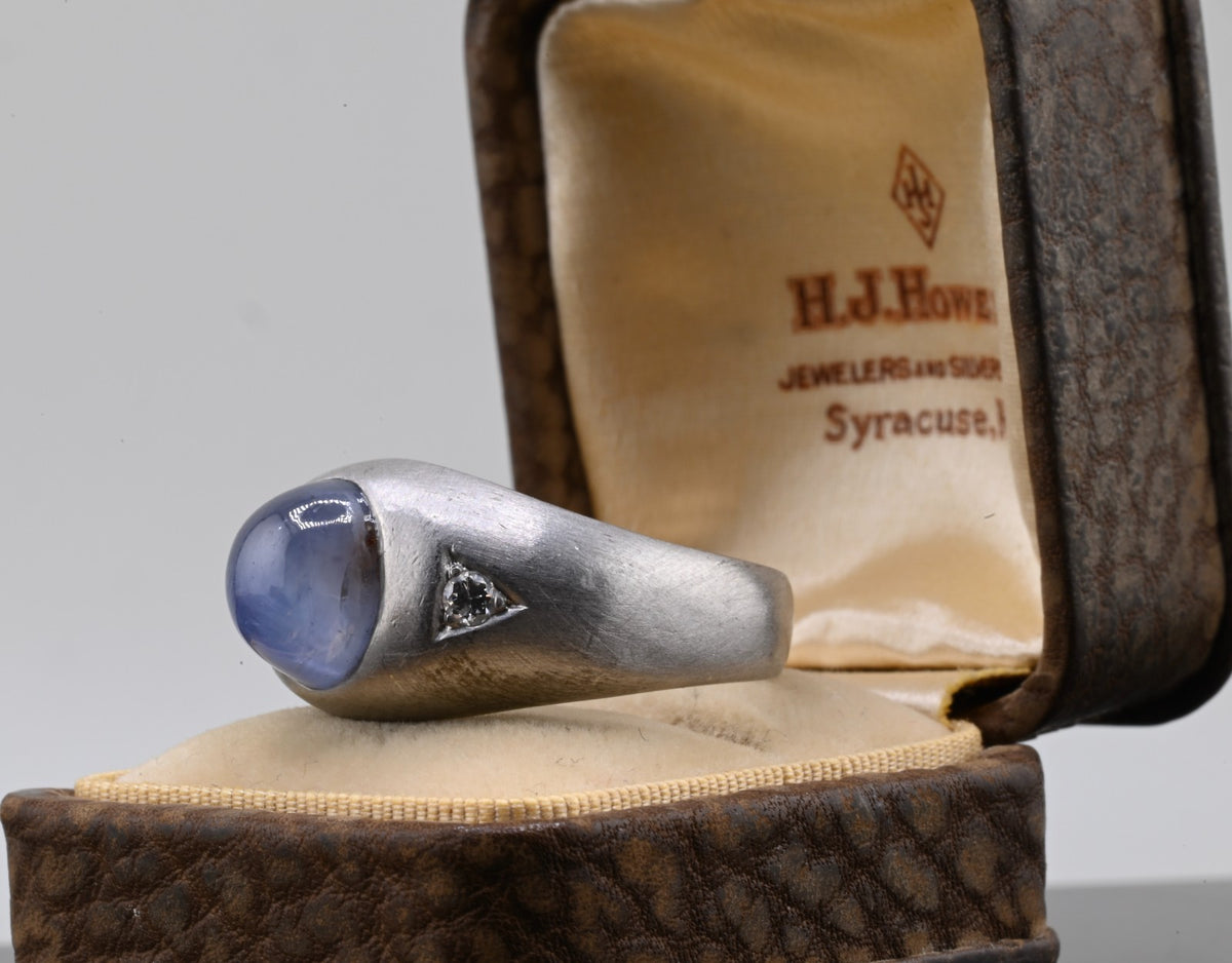 Art Deco 7.5 ct Blue Star Sapphire Cabochon Platinum Ring With Diamond Accents2