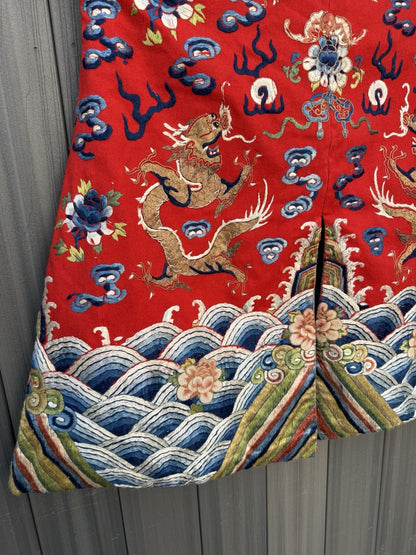 Antique Qing Dynasty Chinese Silk Embroidery Red Dragon Winter Robe10
