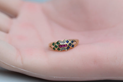 Mosaic Design Multi-gemstone Emeralds, Sapphires, Rubies, & Diamonds 14k YG Ring6
