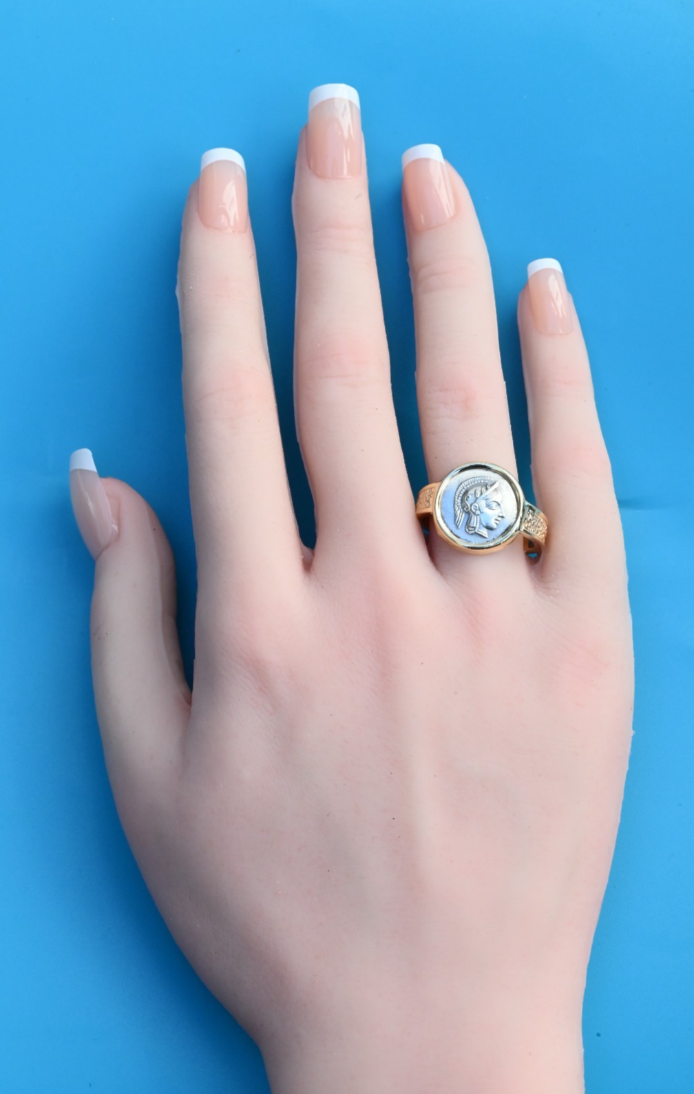 Amazing Goddess Athena & Her Owl Silver Coin Ring Set in 14K Yellow Gold1