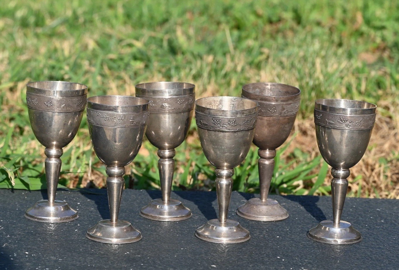 Unique Vietnamese Antique 1900s Handmade Silver Decanter Set With Tray & Cups12