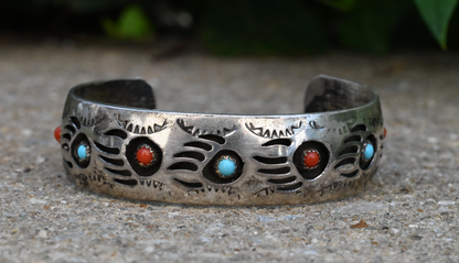 Navajo Pearlene Spencer Turquoise & Coral Bear Paw Sterling Silver Cuff Bracelet0