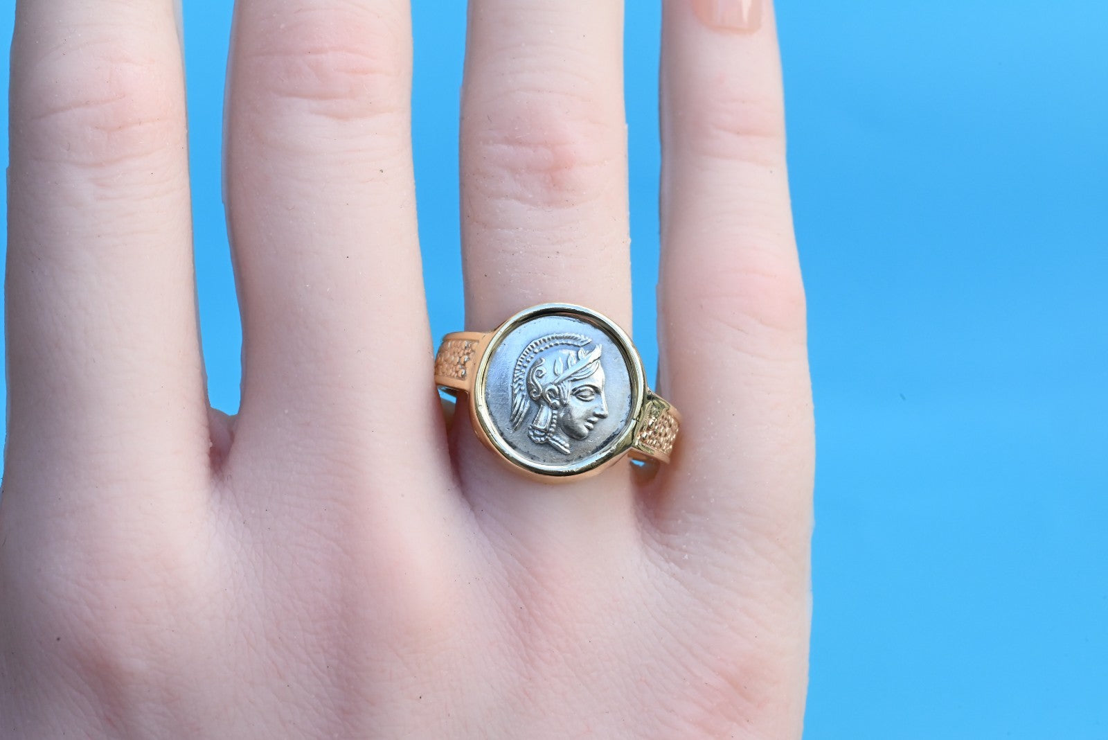 Amazing Goddess Athena & Her Owl Silver Coin Ring Set in 14K Yellow Gold2