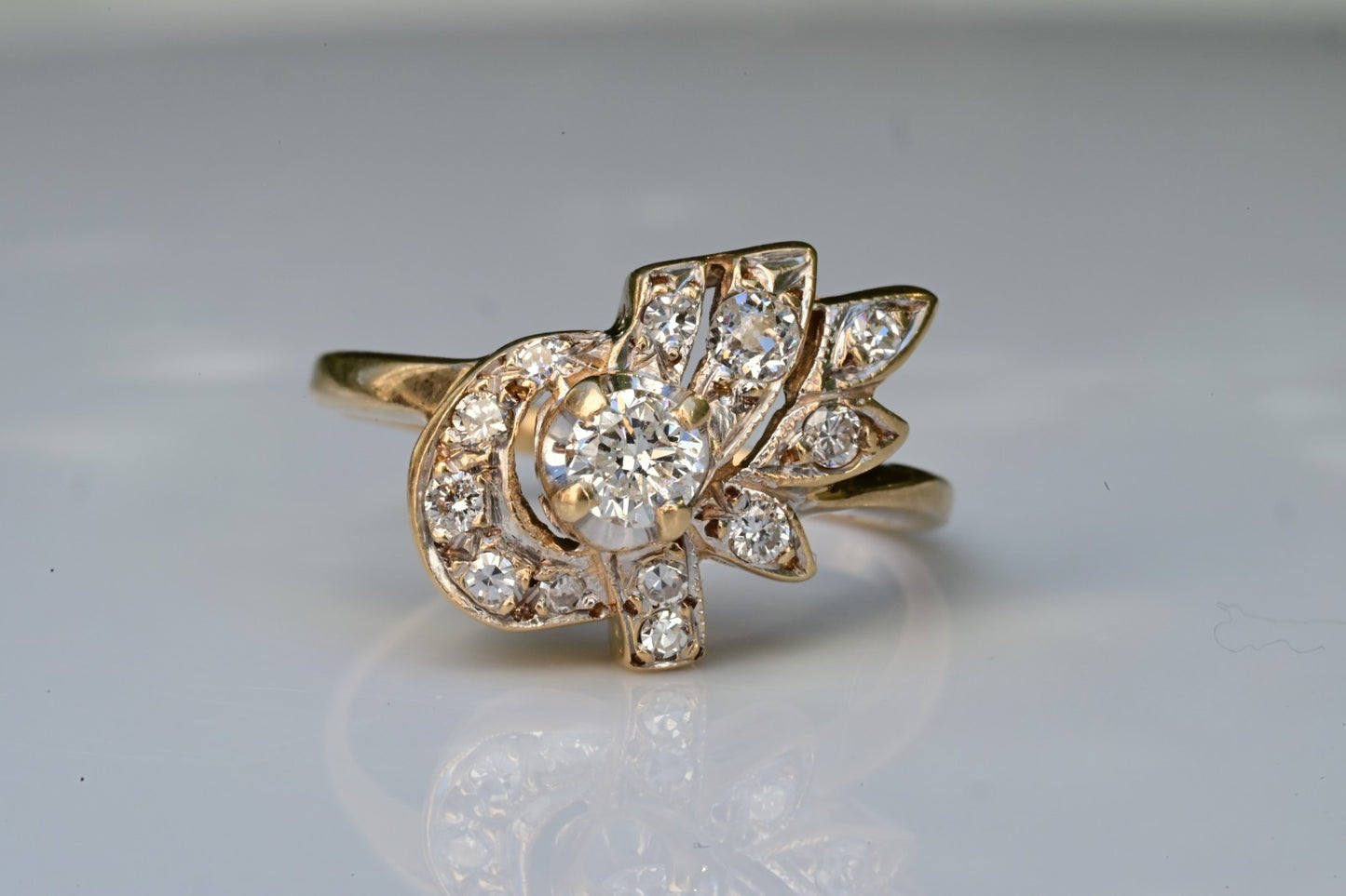 Floral Spray & Ribbon Cluster 14K Ring with Natural Antique Round-cut Diamonds7