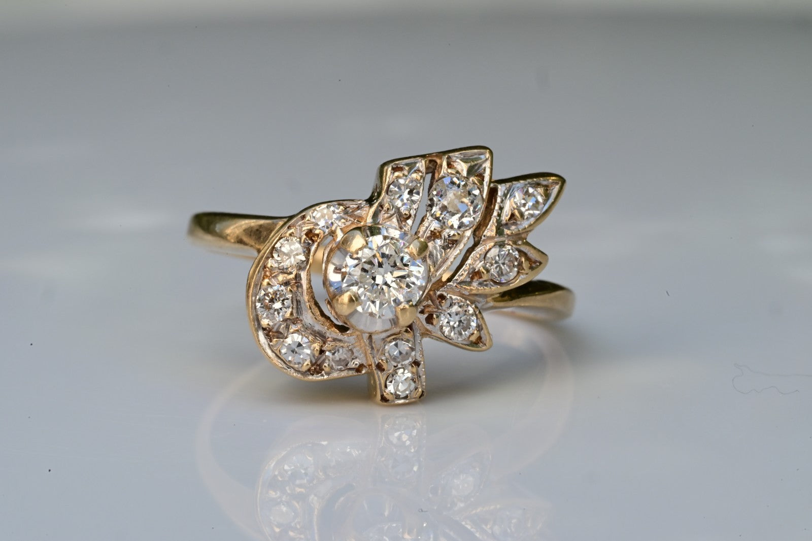 Floral Spray & Ribbon Cluster 14K Ring with Natural Antique Round-cut Diamonds7