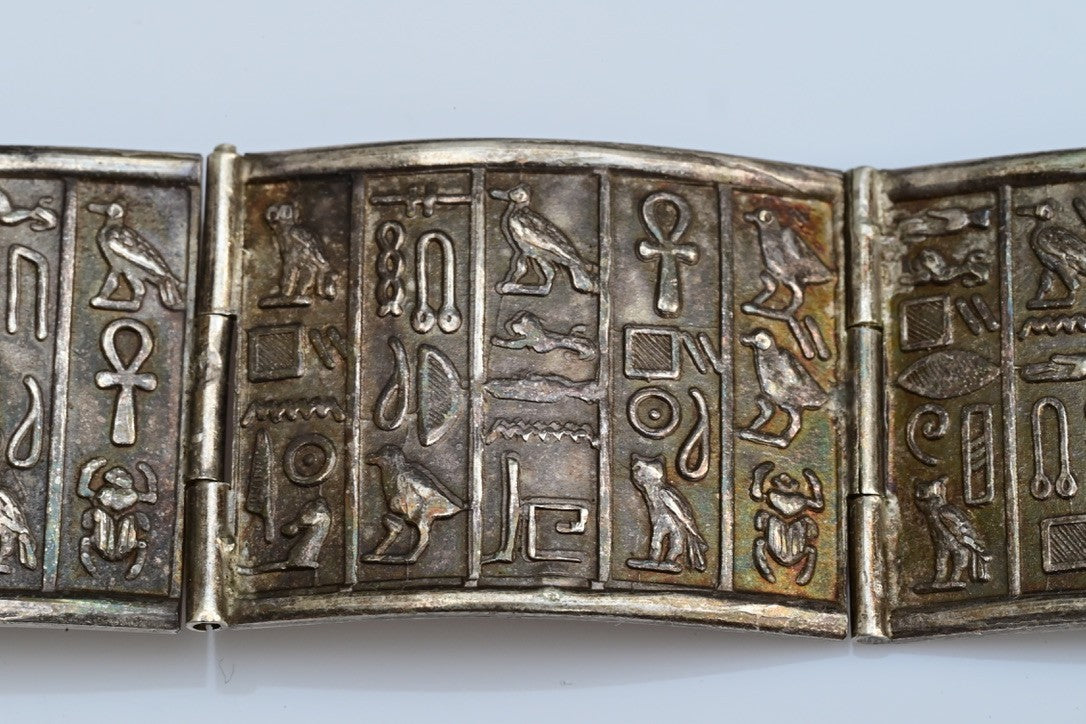 Gorgeous Egyptian Hieroglyphic Ancient style .900/1000 Silver Bracelet 7 1/2"3
