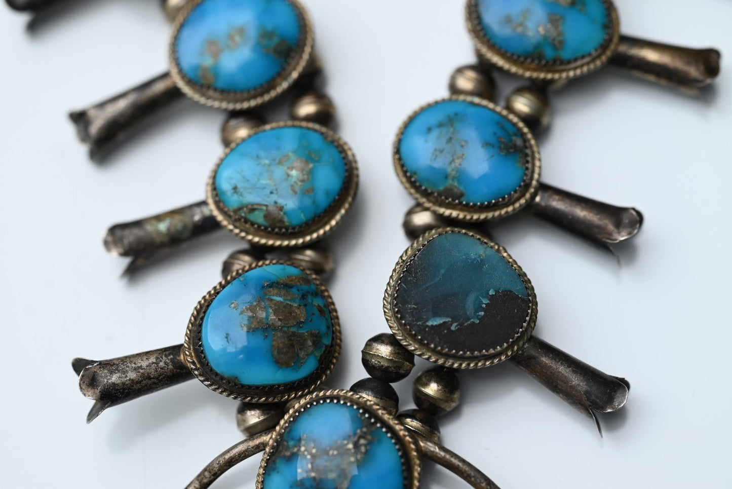 Native American Deep Blue Turquoise & Sterling Silver Squash Blossom Necklace2