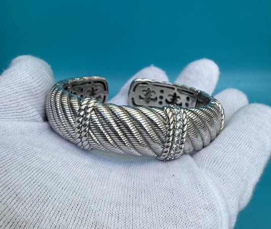 Original Judith Ripka Sterling Silver & Cable Twist Hinged Cuff Bracelet0