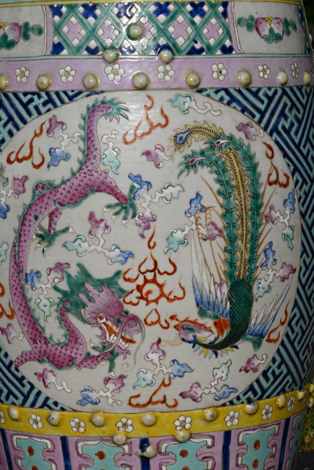 Antique Hand Painted Porcelain Garden Seat / Drum Stool Dragon & Phoenix Design1