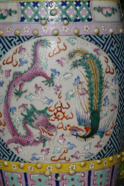Antique Hand Painted Porcelain Garden Seat / Drum Stool Dragon & Phoenix Design1