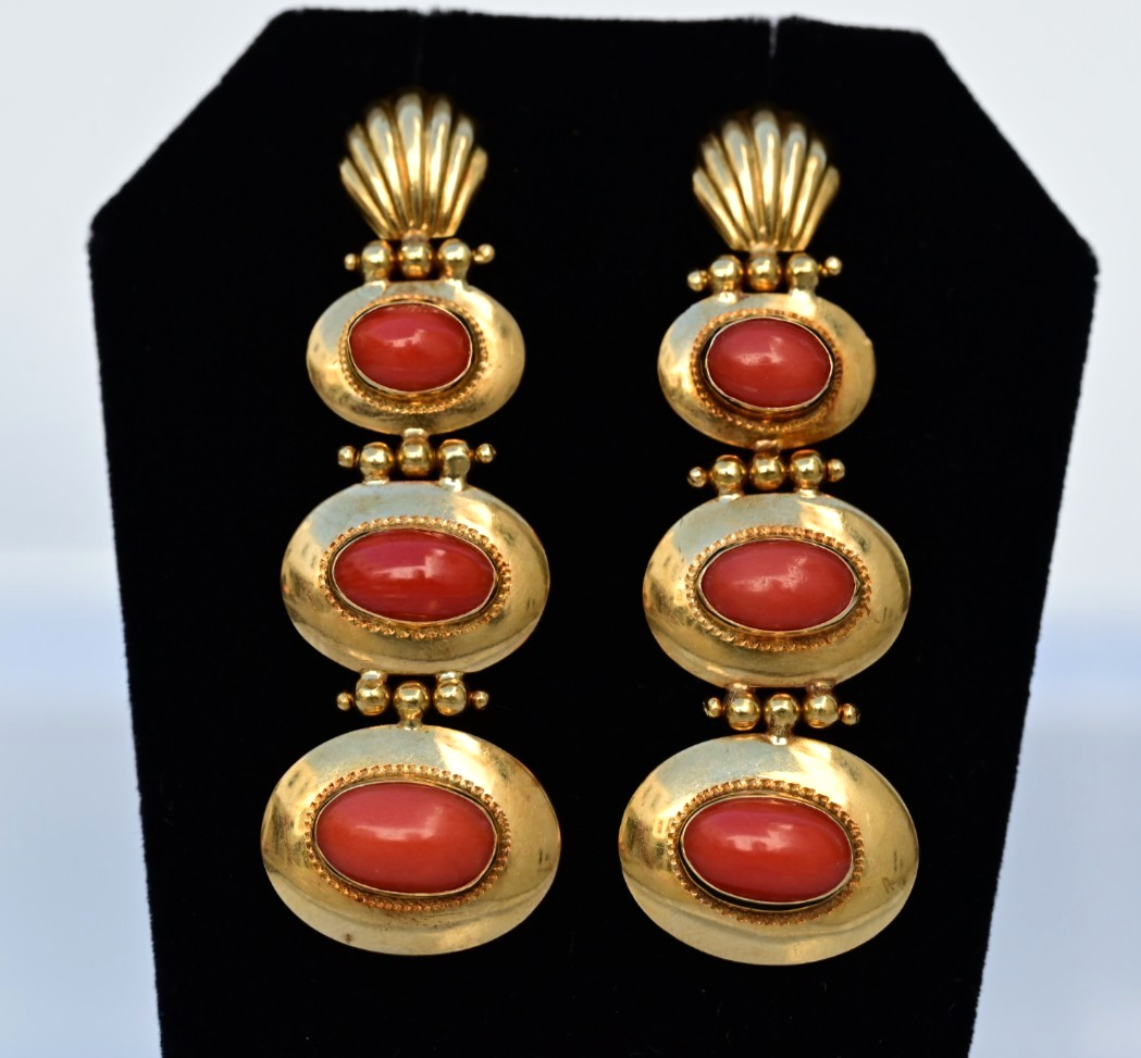 Stunning 750 18K Yellow Gold Long Earrings with Natural Red Coral Cabochon Gems3