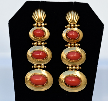 Stunning 750 18K Yellow Gold Long Earrings with Natural Red Coral Cabochon Gems3