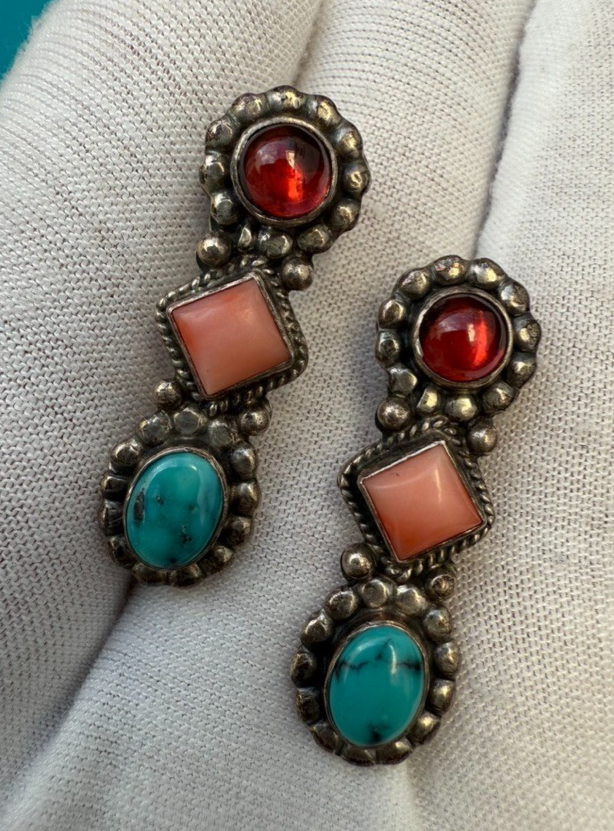 Pair of Native American-style Dangle Earrings with Turquoise and Coral Gems6