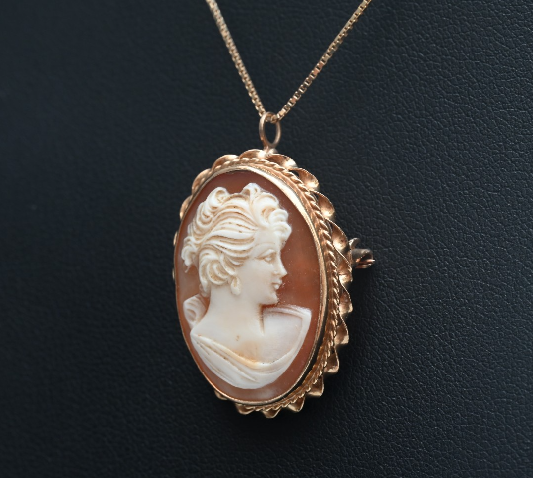 Wonderful Antique 1900s Carved Cameo Brooch Pin / Pendant in 14K Yellow Gold2