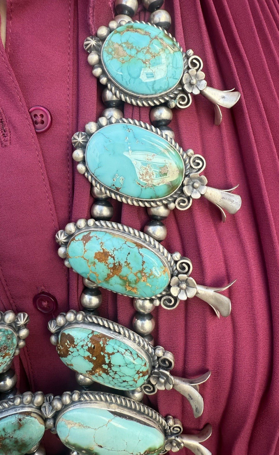 Native American Turquoise &Sterling Squash Blossom Jewelry Set By Maynard Garcia6