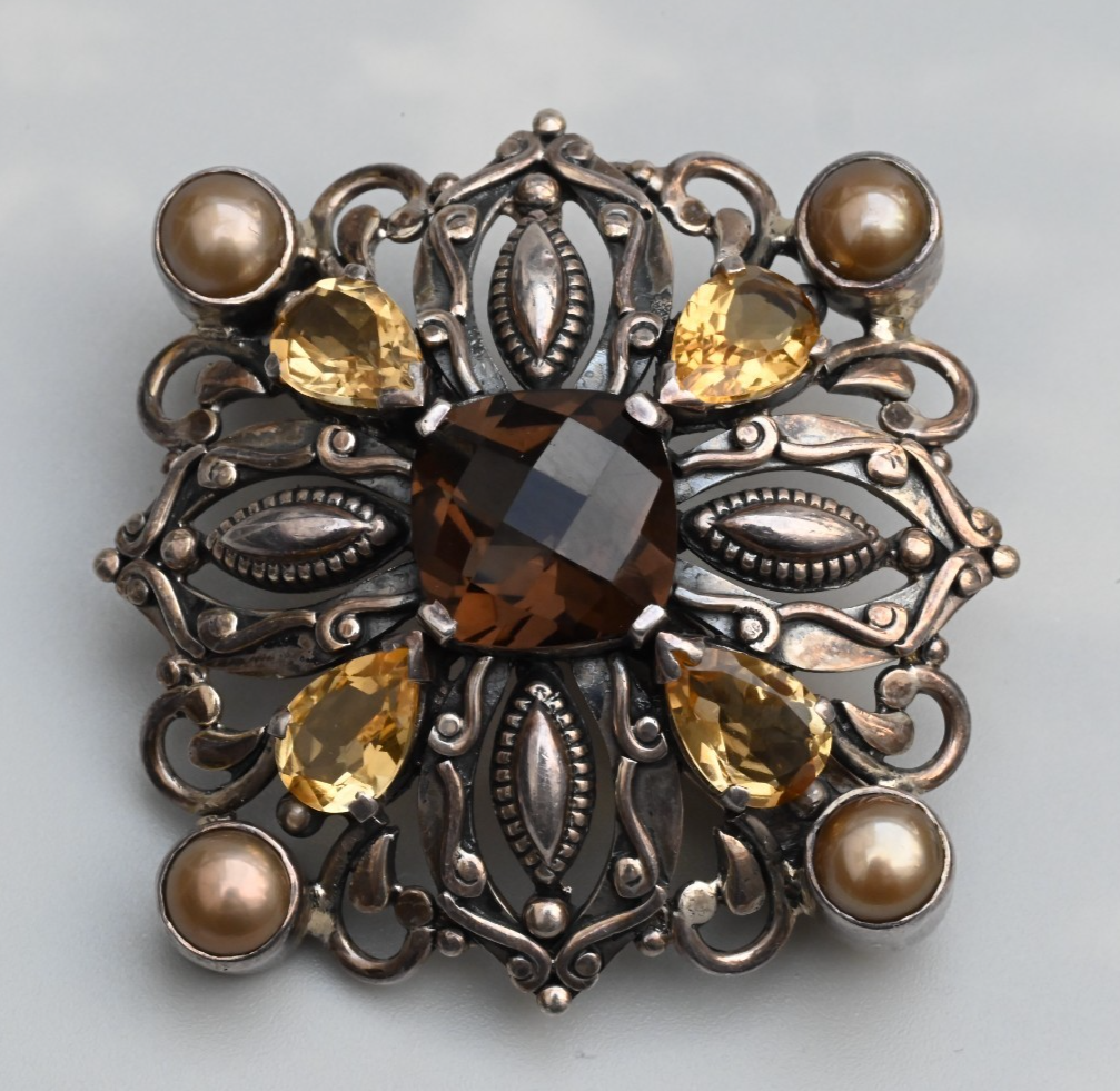 Sterling Silver Citrine Pearl Smokey Topaz / Smoky Quartz Brooch by Doug Paulus0