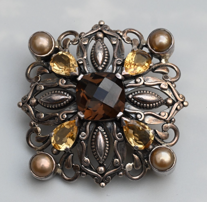 Sterling Silver Citrine Pearl Smokey Topaz / Smoky Quartz Brooch by Doug Paulus0
