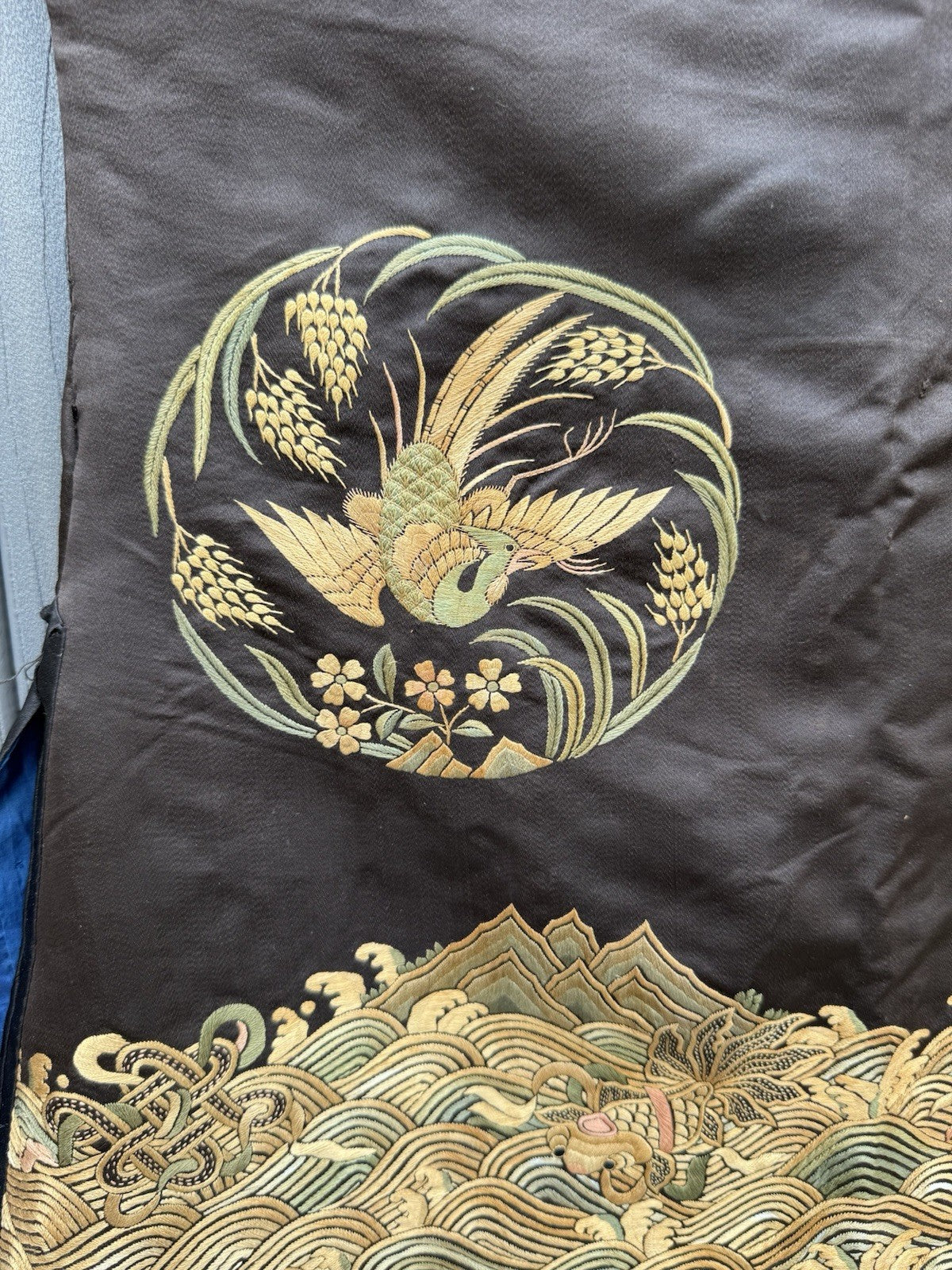Early Antique Qing Dynasty Chinese Black Silk Embroidery Robe With Crane Birds10