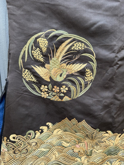 Early Antique Qing Dynasty Chinese Black Silk Embroidery Robe With Crane Birds10