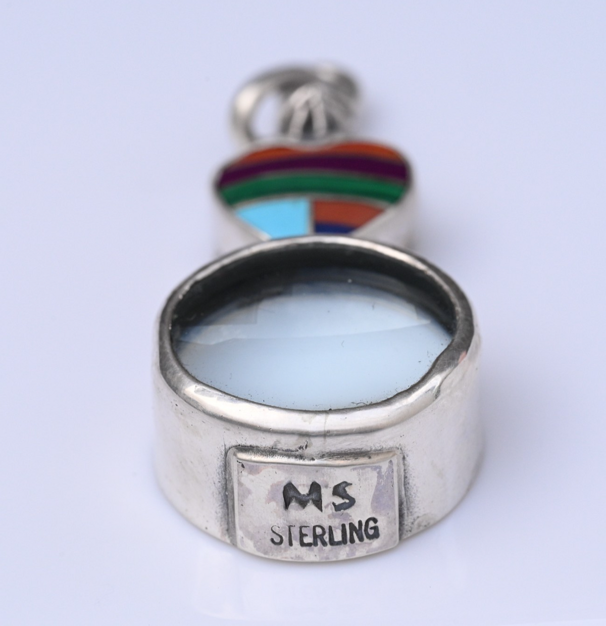 Signed MS Sterling Silver Southwest Jewelers Loupe W/ Inlay Rainbow Heart2