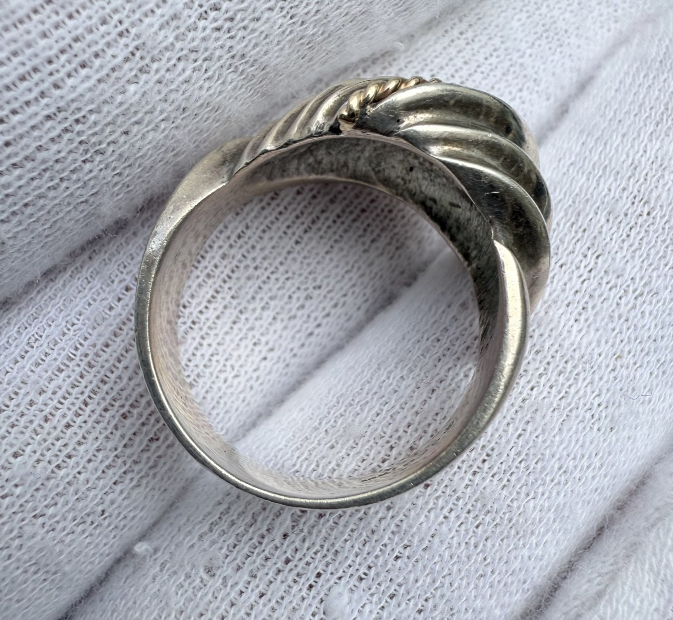 Superb Vintage Ribbed Sterling Silver & 14k Yellow Gold Wire Ring4