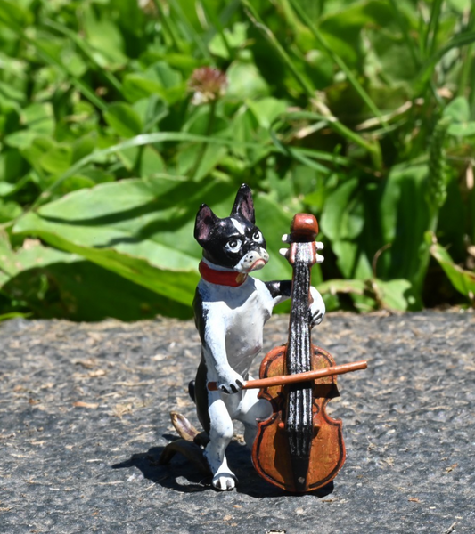Austrian Vienna Cold Painted Bronze Figure of Boston Terrier Playing Cello /Bass0