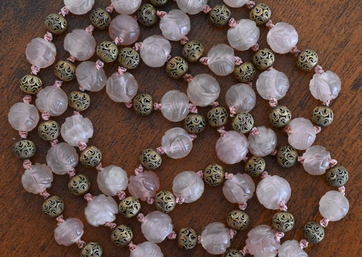 Antique / Vintage Chinese Beaded Pink Quartz Necklace with Gilt Silver Beads2
