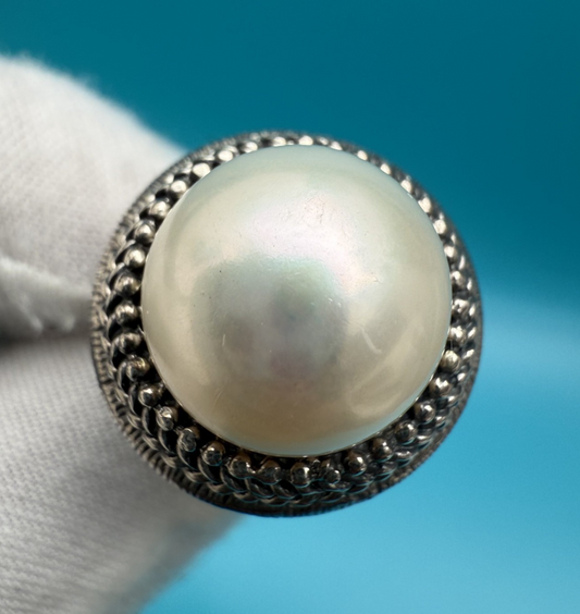 Stunning Mabe Pearl & Sterling Silver .925 Ring Marked BJ, China0