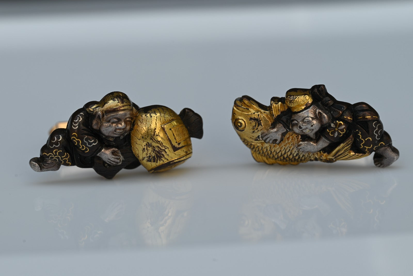 Custom Made Antique Meiji Period Japanese Sword Menuki 14K Yellow Cuff Links4