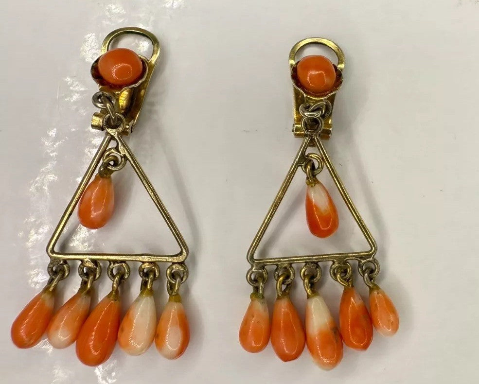 Gorgeous Antique Victorian Natural Coral & Gold Gilt Silver Clip On Earrings0