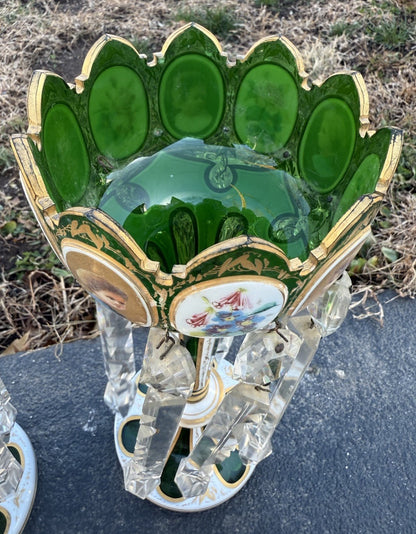Antique 19th C. Bohemian Moser Glass Emerald Green Enameled & Gilt Lustres15