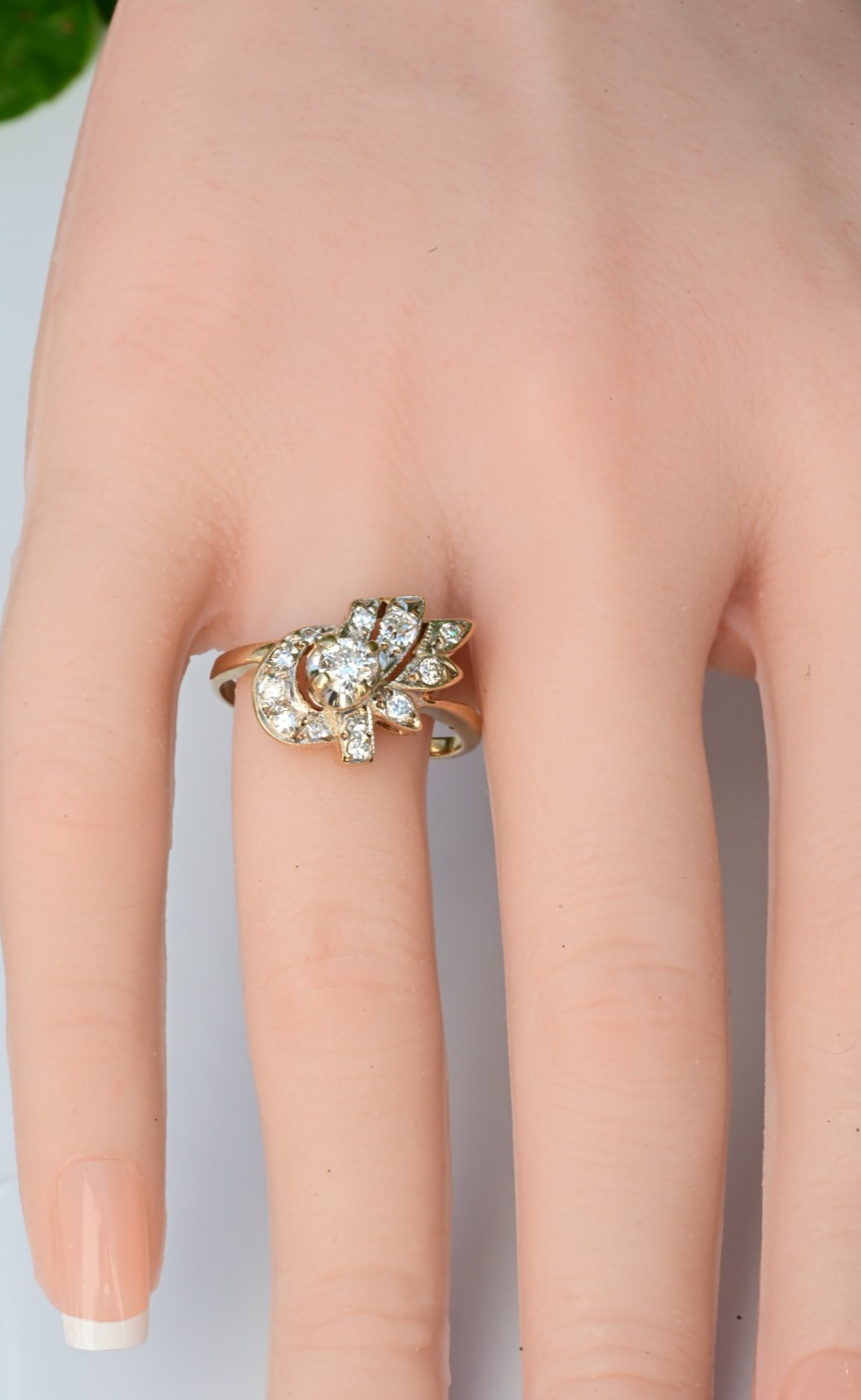 Floral Spray & Ribbon Cluster 14K Ring with Natural Antique Round-cut Diamonds2