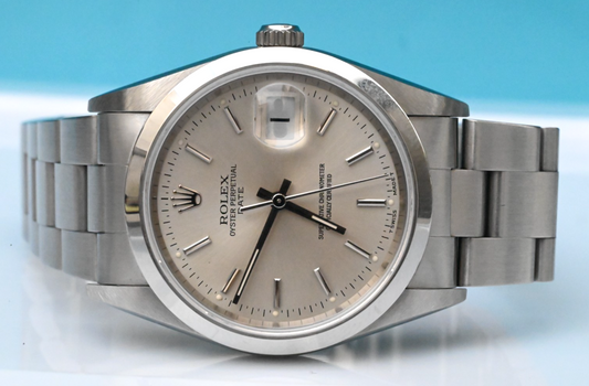 34mm Mid-1990s Rolex Oyster Perpetual Date Silver Dial Stainless Steel 152000