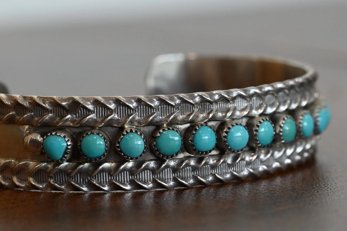 Gorgeous Signed B NATEWA Zuni Sterling Silver Cuff Bracelet with Turquoise Gems2