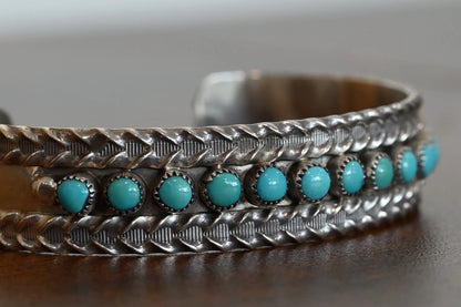 Gorgeous Signed B NATEWA Zuni Sterling Silver Cuff Bracelet with Turquoise Gems2